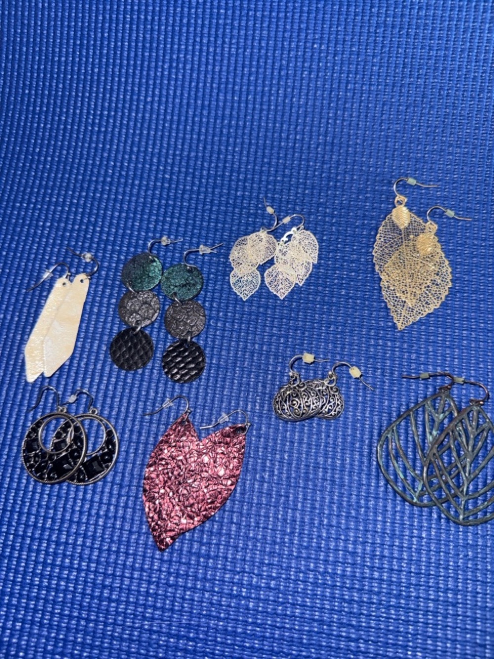 8 Pair Statement Earrings Lot – Boho, Leaf, Metallic, Lightweight Bundle